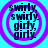 Four identical circular icons with purple rings on a cyan background, each containing stacked text "swirly, swirly, girly, girly" in dark blue pixelated font.