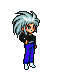 Pixel art character with silver hair and blue pants holding a green sword, shown in multiple poses with motion effects.