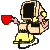 A 5x5 contact sheet of a pixelated animated buddy icon showing a yellow stick figure with red heart hands holding a beige computer monitor, displayed on a gray background.