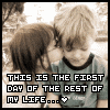 Two children in a sepia-toned outdoor scene with text reading "THIS IS THE FIRST DAY OF THE REST OF MY LIFE..." and a heart symbol.