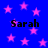 Blue background with pink stars and four instances of the name 'Sarah' in black text.