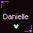 Pixel art buddy icon with dark background showing 'Danielle' text and green heart symbols in two states.