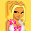 Pixel art contact sheet of a blonde female character in pink and white attire across 12 frames showing different poses, expressions, and partial body views on a yellow background with "Pretty in pink" text.