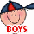 A cartoon boy with a blue cap and red brim smiles above the word BOYS, next to red lips forming an RMy logo over brown background with heart and Anti-Drug text.