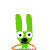 Green cartoon rabbit with large white eyes and black pupils, wearing an orange hula hoop that changes position across frames while the body remains static.