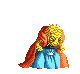 Pixelated character with yellow skin and red hair in two poses: one with arms down, one with arms raised and mouth open, wearing blue dress and red cape against gray background.