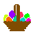 Two side-by-side pixel art frames of a brown checkered basket filled with colorful Easter eggs on a gray background.