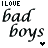 A contact sheet of two animated frames showing pixelated text "I LOVE bad boys" with a heart symbol changing color between black and red.
