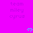 Bright magenta background with repeating 'team miley cyrus' text and cyan pixelated hearts, partially obscured by a gray rectangle.