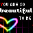 neon heart shapes with rainbow-colored outlines on a black background, surrounded by repeating text phrases in multicolored pixelated font