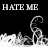 Animated sequence of a black silhouette figure with white flame-like base and red text 'HATE ME' above, showing progressive reduction in red symbols below the figure.