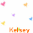 Pixelated icon with five colored heart shapes and orange text reading 'Kelsey' at the bottom.