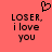 Pixelated text on coral background with heart symbol above, showing 'LOSER, i love you' in black block letters.