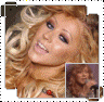 nine identical images showing a woman with blonde curly hair, blue eyes, and light makeup smiling slightly while holding a microphone in the bottom-right corner