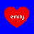 Four red heart shapes on a blue background, each containing the text 'emily' in white pixelated font.