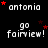 Black background with white text 'antonio' and 'go fairview!' repeated in a , red stars scattered throughout, one gray square in bottom-right corner