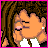 A 3x3 contact sheet of a pixelated animated buddy icon featuring pink text and heart symbols, with one frame showing a cartoon character kissing.