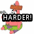Pink starfish character in green shorts with brown sombrero, holding gray object, overlaid black banner reading HARDER! on white background.