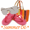 A static contact sheet showing two identical frames of a summer-themed buddy icon with pink flip-flops, striped beach bag, and sunglasses on white background.