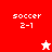 Red and white pixelated soccer score display with 'soccer 2-1' text, two star icons in different colors.