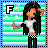 Pixel art character with long black hair, white crop top, black pants, and checkered belt, standing against striped background with 'F' symbol.