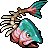 Pixel art fish with turquoise head, pink body, and brown fins; one fin extends upward as a teal tail.