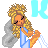 Pixel art contact sheet showing two frames of an animated icon featuring a cartoon woman with blonde hair and blue dress, each frame displaying different leg positions against a gray transparency background.