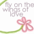 Pixelated icon with gray text 'fly on the wings of love' above a pink flower with green stem and leaf, set against white background.