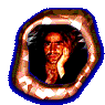 20 circular icons with blue and white borders, each containing a person's face in various poses against dark or orange backgrounds