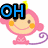 Pixelated pink monkey with yellow crown, orange cheeks, and purple tail; blue text 'OH' appears above left, 'BABY!' below right in first frame.