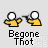 Two yellow-shirted figures with white circular heads face each other; one holds a black object toward the other against a light gray background with text elements.