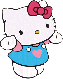 Pixelated white cat with pink bow, blue dress with heart, yellow nose, black eyes; two identical static poses side-by-side on gray background.