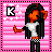 Pixel art character with long black hair, orange skin, white shirt, checkered belt, and pink striped background featuring a 'K' symbol.