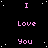 Pixelated text repeats 'I Love You' in pink on a black background with white dots, forming a pattern with a gray rectangle in the bottom-right corner