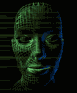 Green and blue wireframe human head in multiple poses against black background with horizontal lines.