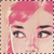 Pixelated close-up of a person's face with pink hair, dark eyebrows, and light skin tone against a striped border.