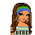 Pixel art of a female character with long brown hair, blue and green headband, wearing 'BEBE' top, holding beige handbag, standing next to partial figure in red boots.