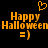 Pixelated orange text and symbols on black background: 'Happy Halloween' repeated twice with smiley faces, a heart symbol above.
