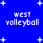 Blue background with white pixelated text reading "west volleyball" and white plus signs scattered across the image.