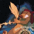 Pixelated static image of a cartoon character with red hair and blue clothing lying down against a dark background with small black dots resembling stars.