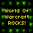 A 4-frame animated contact sheet showing repeated yellow text "World Of Warcraft ROCKS!" on a black background with green pixelated sparkles.