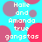 Pixelated text on a cyan background with overlapping pink and purple circles, repeating 'Halle and Amanda true gangstas' in white block letters.