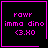 Four identical pixel-art with black backgrounds and pink borders display 'rawr imma dino <3.XO' text, each has a unique small symbol in the corner