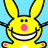 Yellow cartoon rabbit with pink nose and eyes, smiling widely on light blue background; text "you suck!" in yellow above and "happy you easter suck!" below with red strikethroughs.