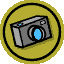 Two circular yellow icons with black borders, each containing a gray digital camera with blue lens and flash, one with orange motion lines on the right.