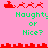 Pixel art of Santa's sleigh with reindeer on pink background, green text asking 'Naughty or Nice?', red cityscape border.
