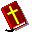 Red book with yellow cross on cover, tilted on black stand against gray background, multiple variations of cross brightness and dot patterns.