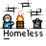 Pixel art animation of a homeless character with a blue jacket and white hair standing next to a burning trash can, shown across six frames in a 3x2 contact sheet layout.