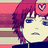 Pixelated character with red hair and blue eyes, wearing a red headband with heart symbol, against striped background.