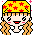 Pixel art character with yellow star-patterned headscarf, blonde braided hair, pink cheeks, and red mouth, set against gray background with pink sparkles.